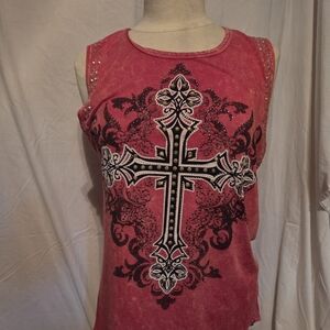 Vocal Pink Embellished Cross Tank Top